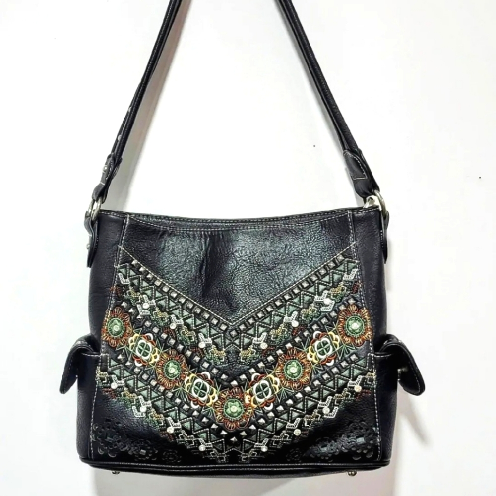 P&G Black Embroidered Handbag Southwest Boho Style Faux Leather